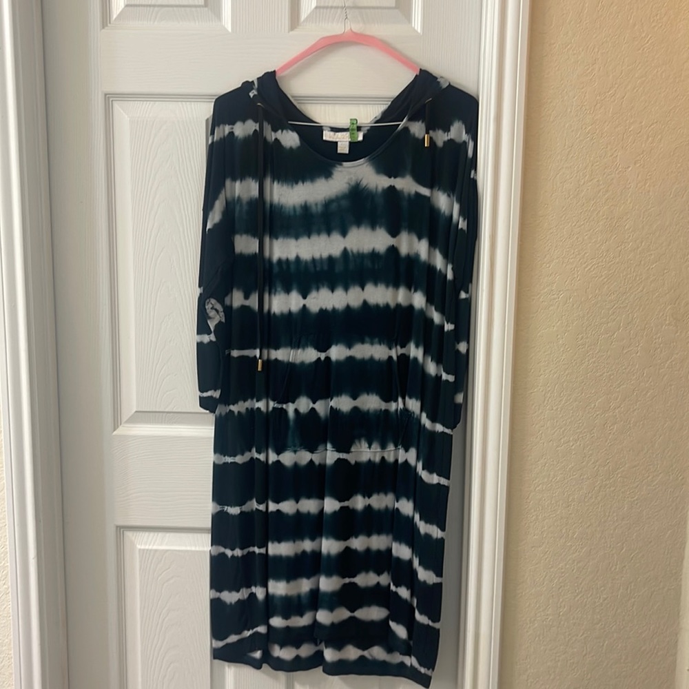 Gloria Vanderbilt Navy, blue/white tie-dye, pocket, w/hood dress; Lg, dry clean